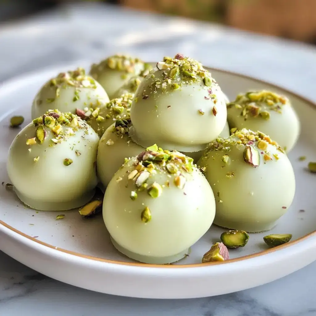 Une assiette de bonbons ronds et verts, saupoudrés de pistaches hachées.