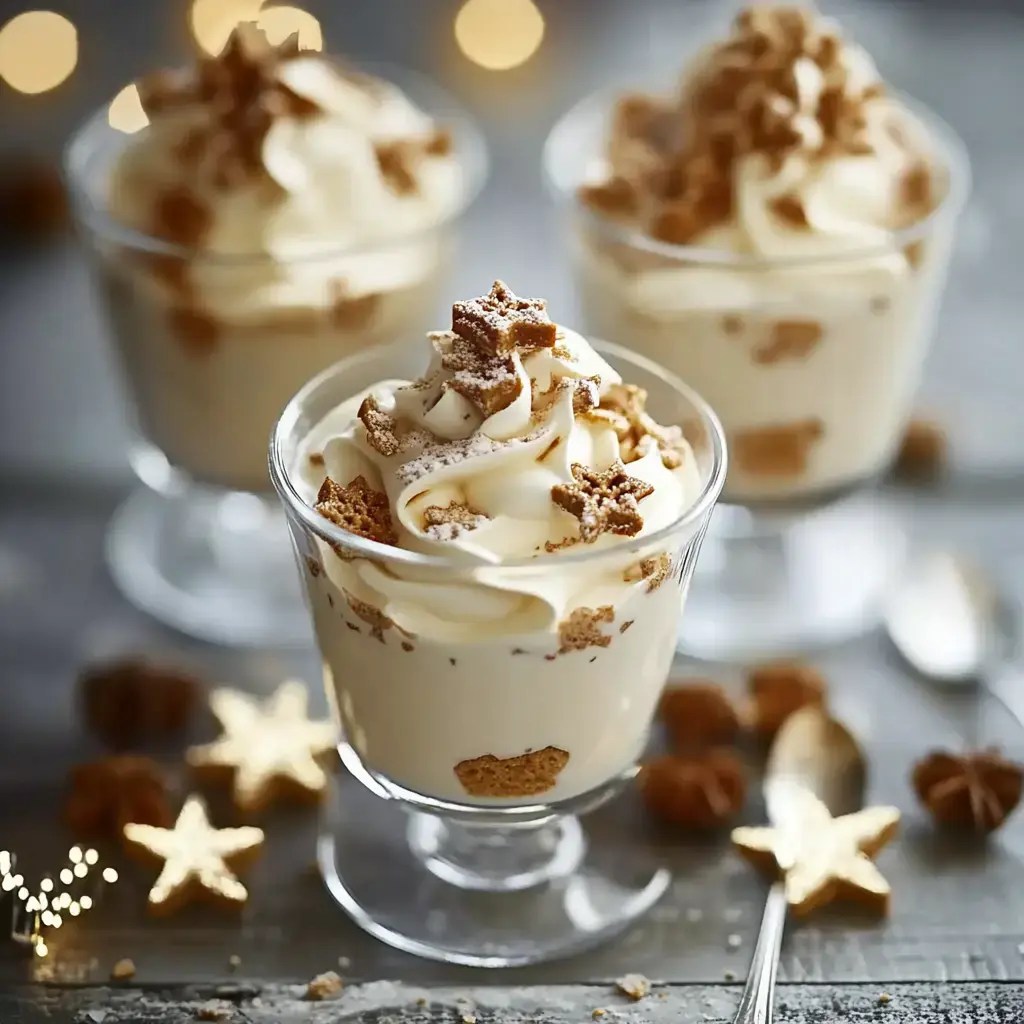 Trois verres contenant une couche de dessert crémeux, garnis d'étoiles en biscuits et entourés de petites décorations festives.