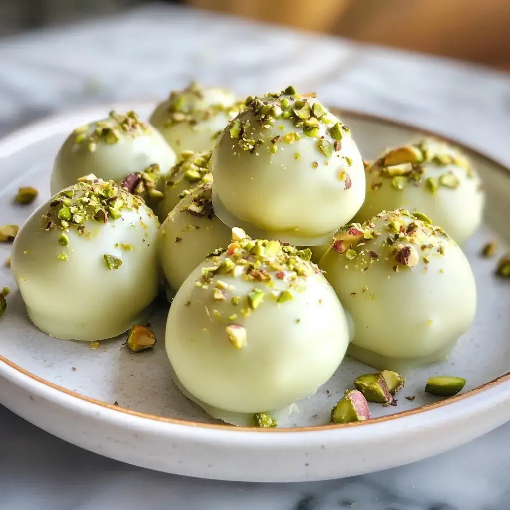 Une assiette avec plusieurs pralines rondes blanc-verdâtre, saupoudrées de pistaches hachées.