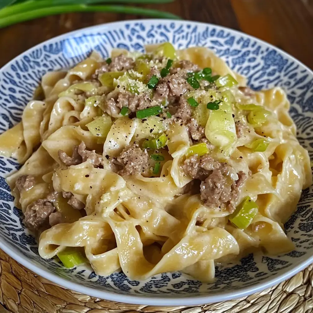 Une assiette de tagliatelles fraîches avec viande hachée, oignons verts et parmesan dans une sauce crémeuse.
