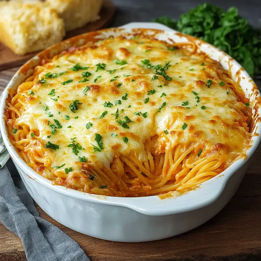 Un plat de pâtes gratinées avec du fromage et des herbes dans un plat blanc.