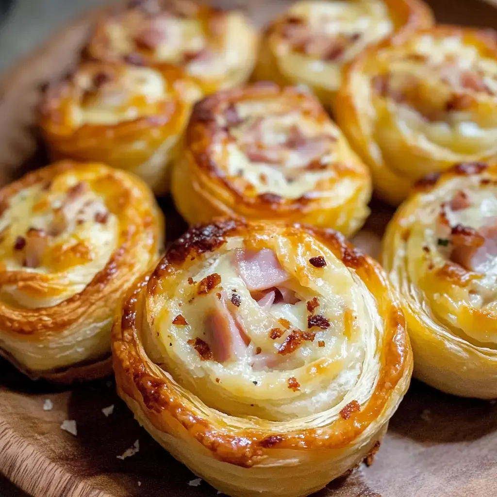 L'image montre des rouleaux feuilletés fraîchement cuits, croustillants avec une garniture de jambon et fromage.