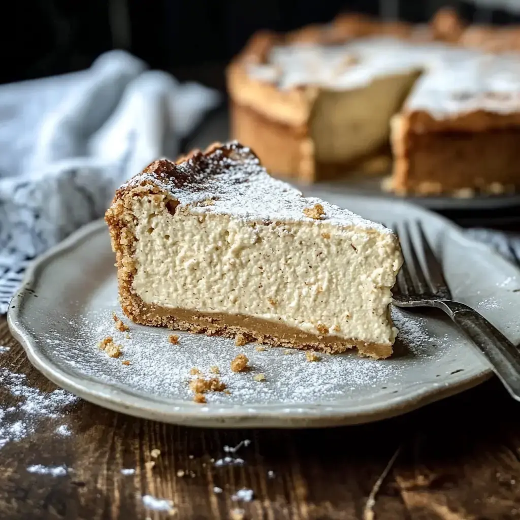 Une part de cheesecake avec une garniture légère et une base de biscuits, saupoudrée de sucre glace, sur une assiette.
