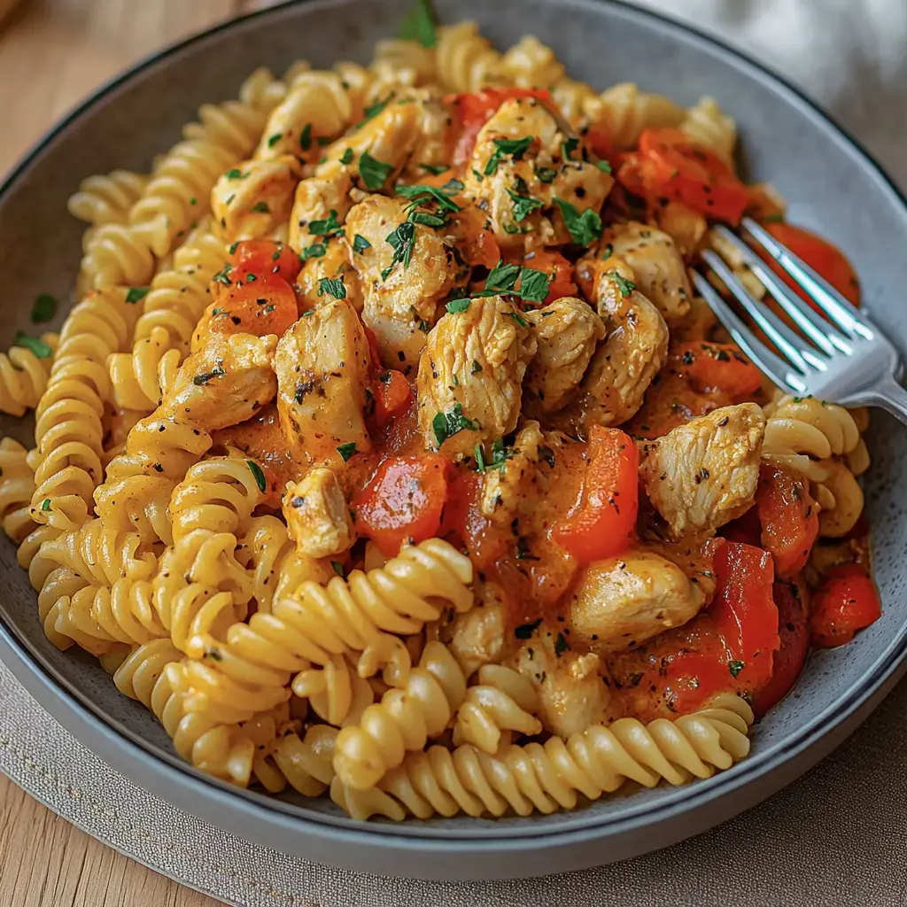 Une assiette de pâtes en spirale, garnie de morceaux de poulet et de poivrons, saupoudrée d'herbes fraîches.