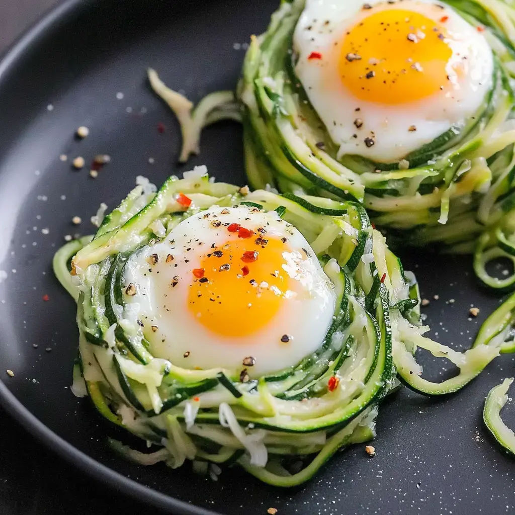 Deux nids de courgettes en spirales, garnis chacun d'un œuf poché, saupoudrés de poivre et de flocons de piment rouge, servis sur une assiette noire.
