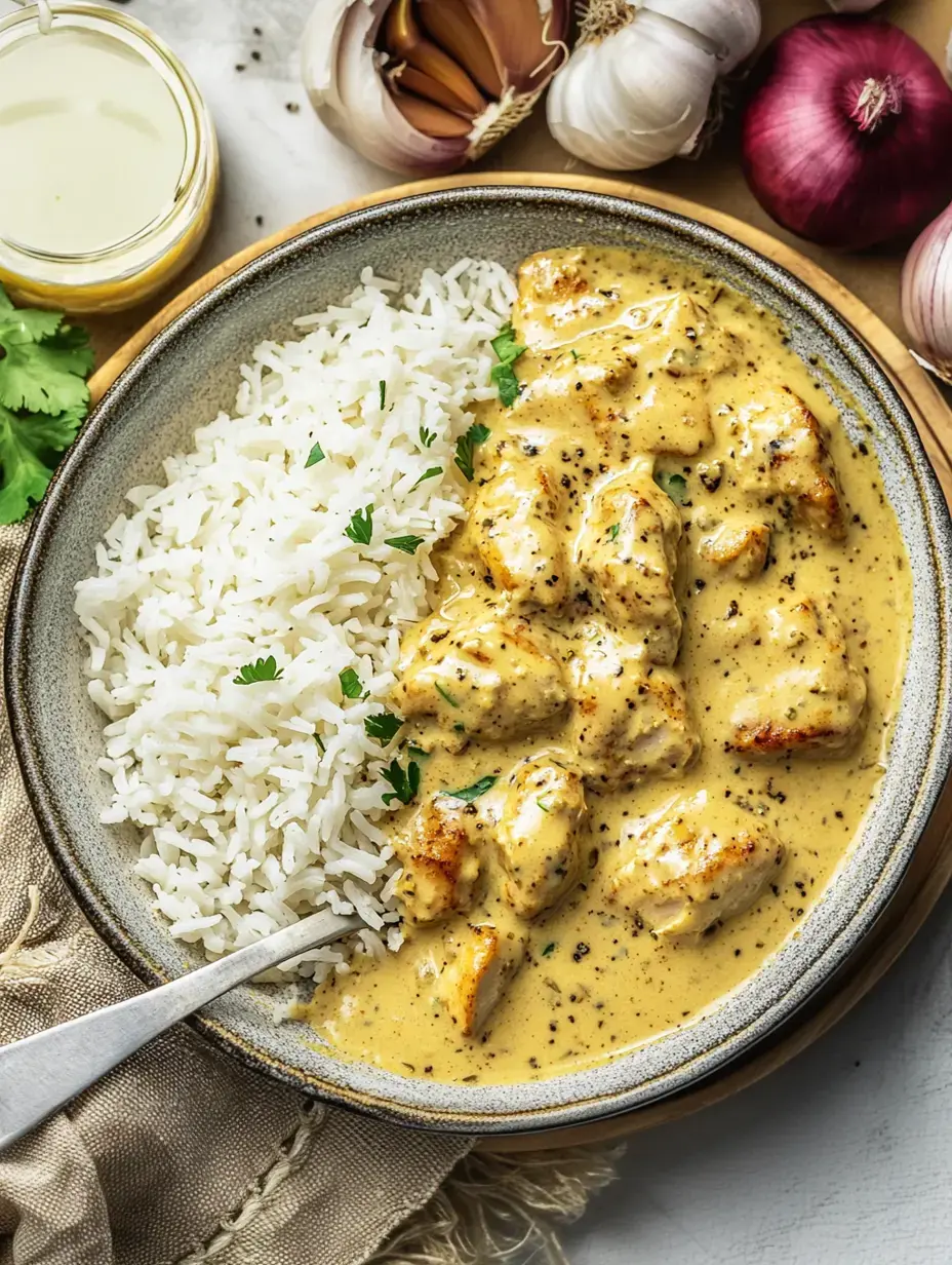 Une assiette de poulet crémeux servie avec du riz blanc et garnie de coriandre fraîche, entourée d'oignons et d'ail.