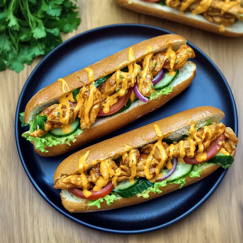 Deux baguettes garnies de poulet, légumes et sauce crémeuse sur une assiette noire.