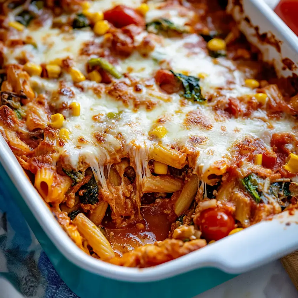 Un gratin avec des pâtes, sauce tomate, légumes et fromage fondu.