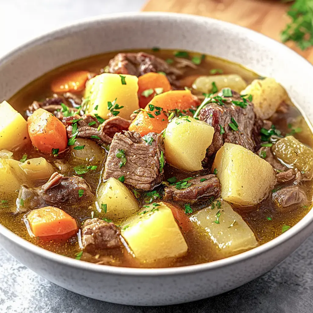 Une assiette de ragoût remplie de viande, pommes de terre, carottes et herbes.