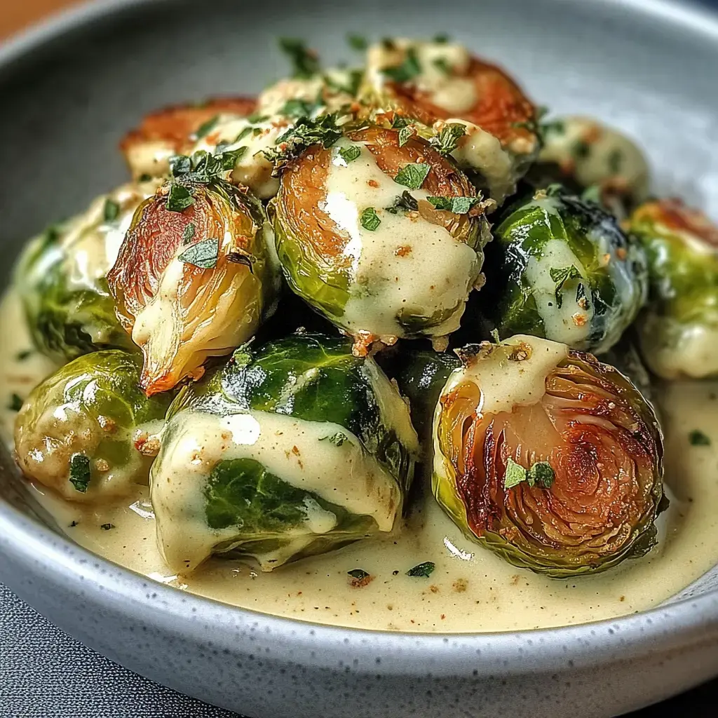 Une assiette de choux de Bruxelles nappés d'une sauce crémeuse et garnis d'herbes fraîches.