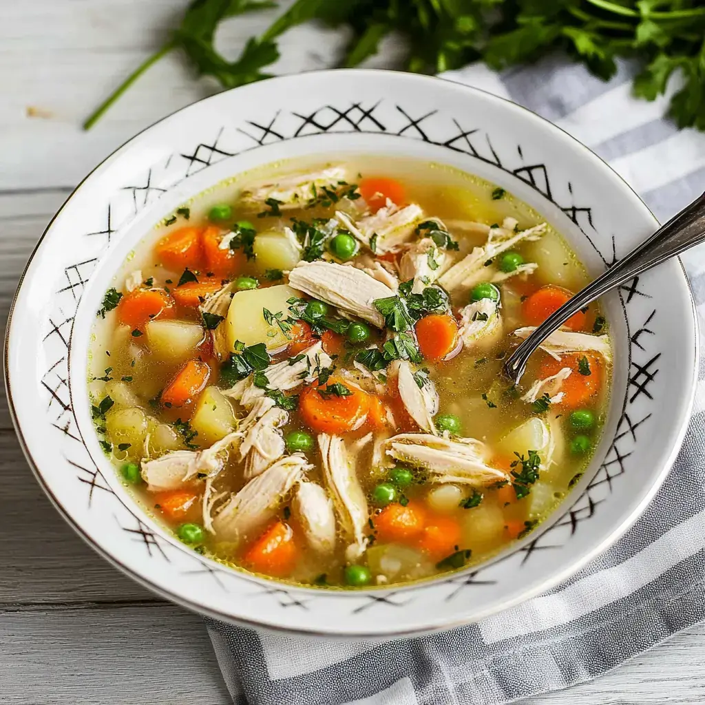 Un bol de soupe au poulet garni de persil frais. Rempli de morceaux de poulet, de carottes, de petits pois et de pommes de terre.