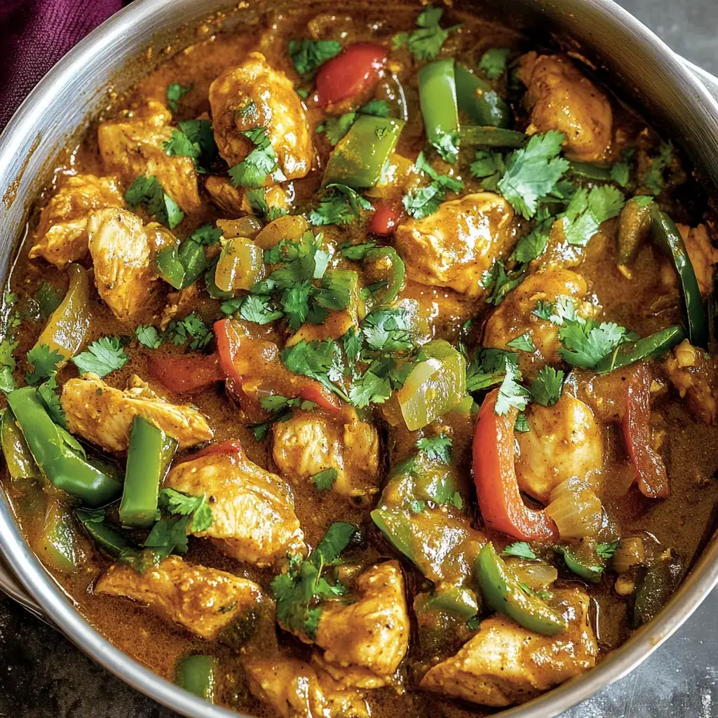 Une poêlée chaude de poulet assaisonné, légumes colorés et coriandre fraîche.