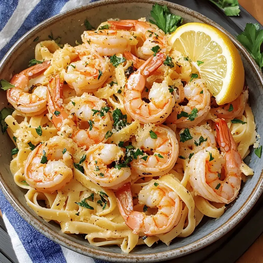 Linguine dans une assiette, garnies de crevettes, de persil frais et d'une rondelle de citron.