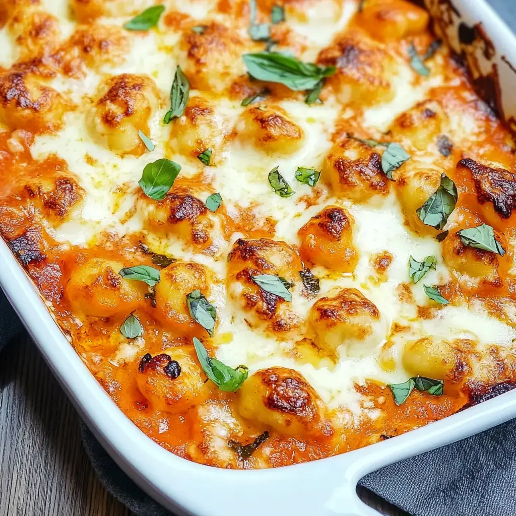 Un gratin de gnocchi avec sauce tomate, fromage fondu et herbes fraîches.