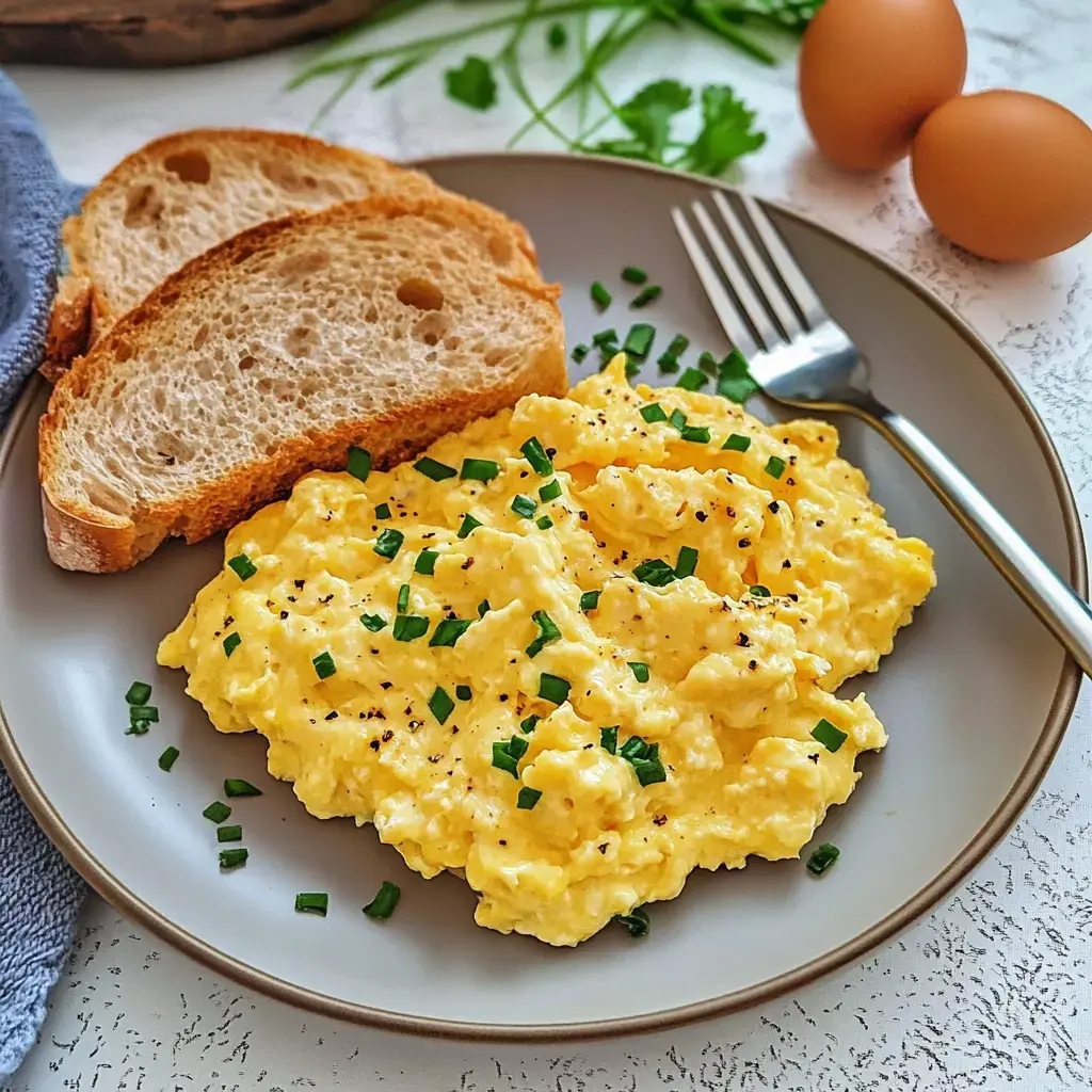 Une assiette d'oeufs brouillés avec de la ciboulette et deux tranches de pain, avec deux oeufs crus à côté.