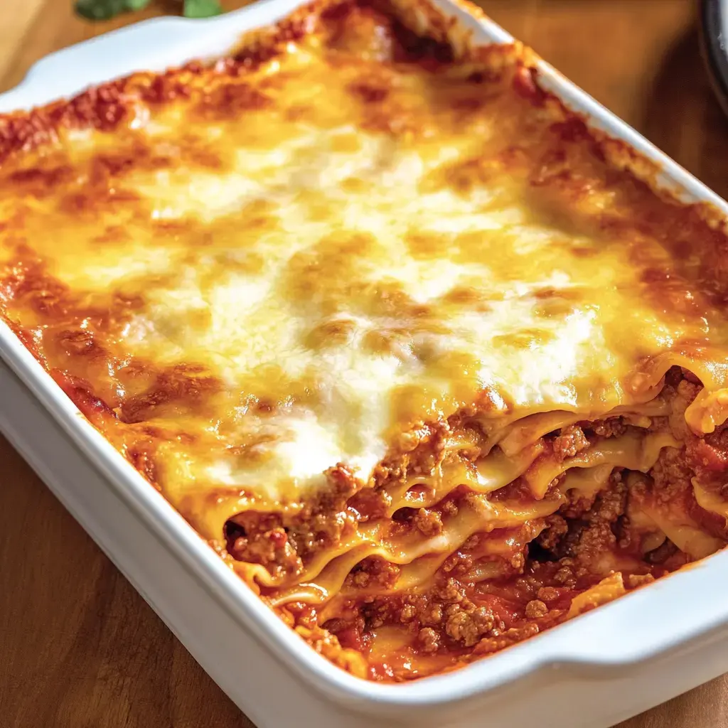 Une lasagne fumante avec fromage fondu et garniture de viande dans un plat blanc à gratin.