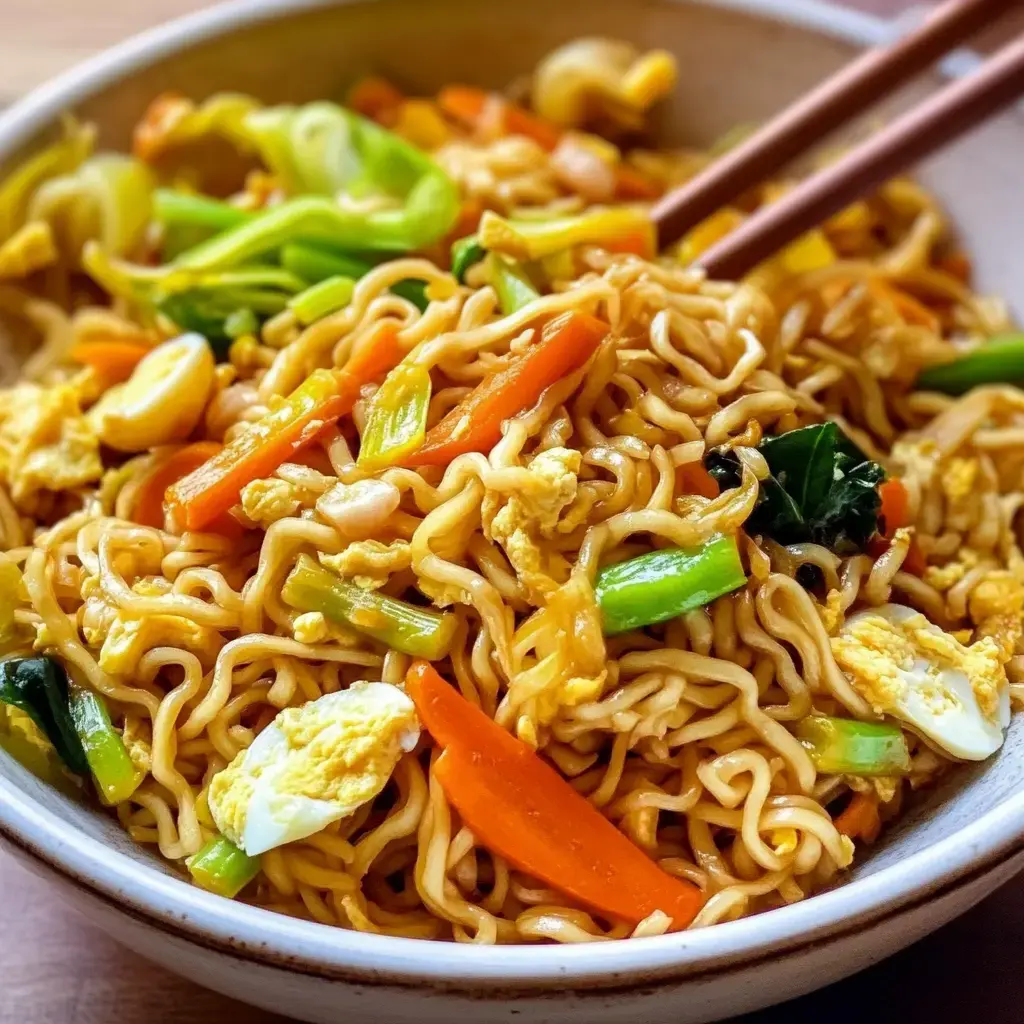 Un bol de nouilles sautées, mélangées avec des légumes, des œufs et une sauce, servi avec des baguettes.