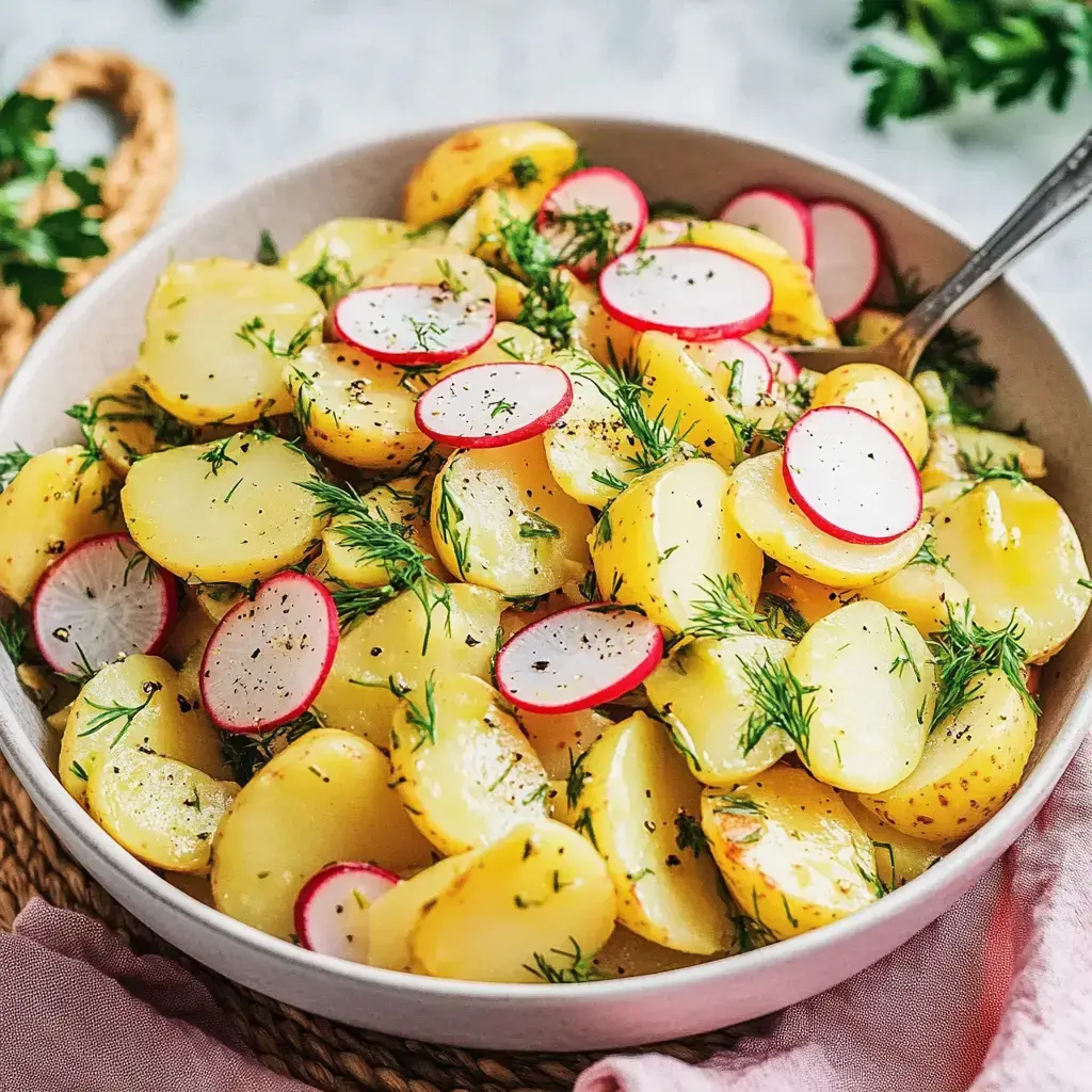 Une salade colorée de pommes de terre avec des radis et de l'aneth dans un bol.