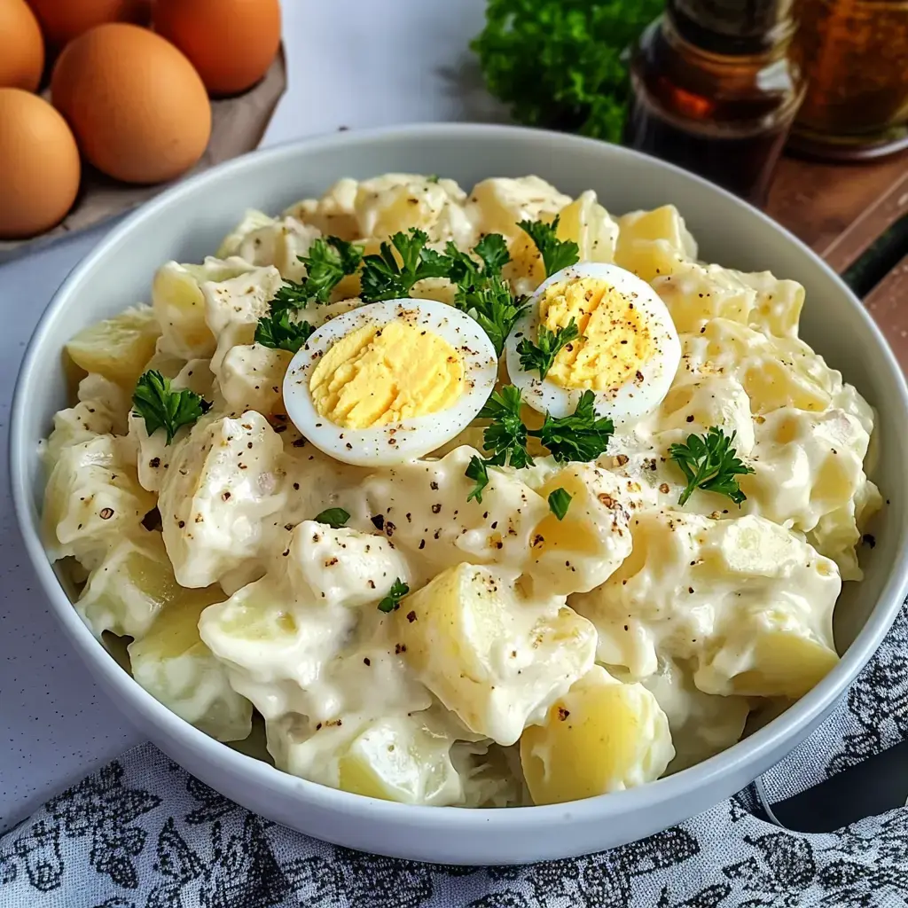 Une assiette de salade de pommes de terre à la mayonnaise, garnie de tranches d'œufs durs et de persil frais.
