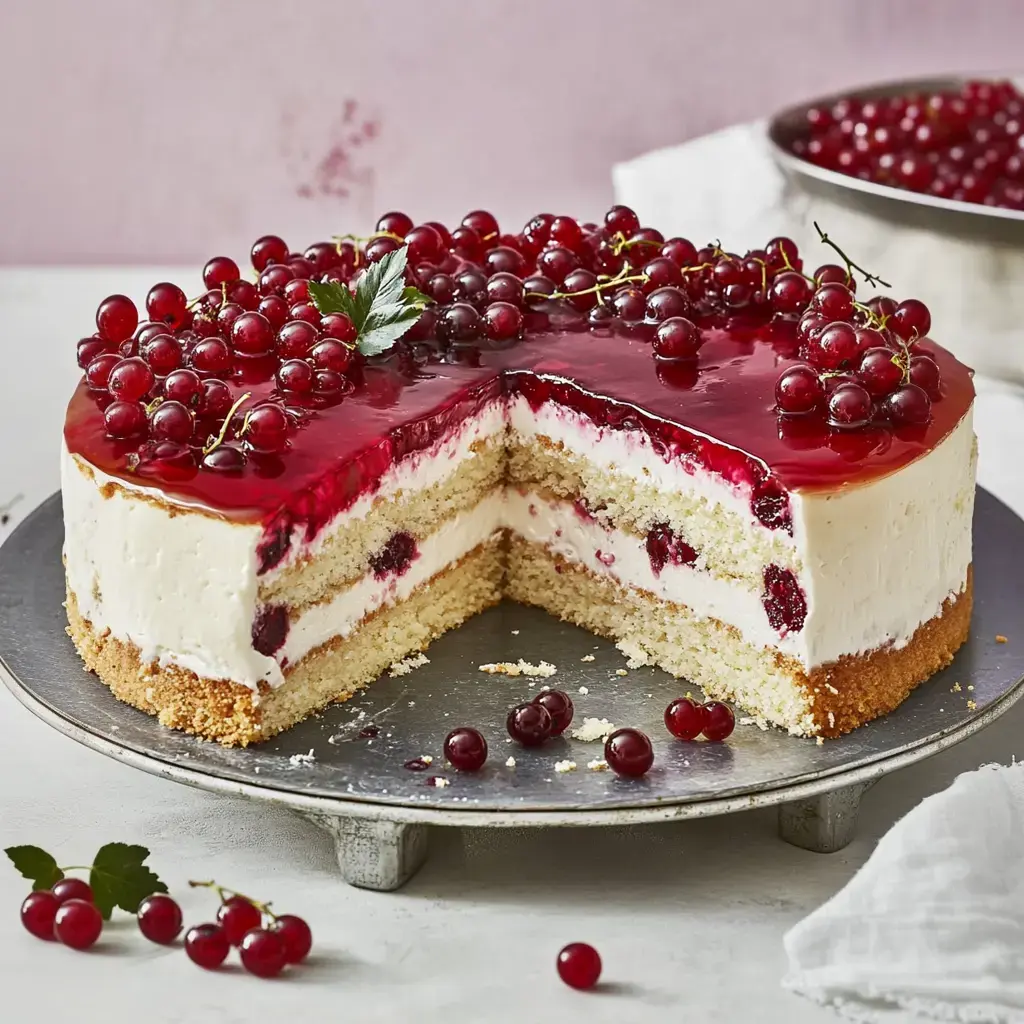 Une tarte crémeuse aux fruits rouges avec gelée brillante et groseilles, dont une part a été retirée.