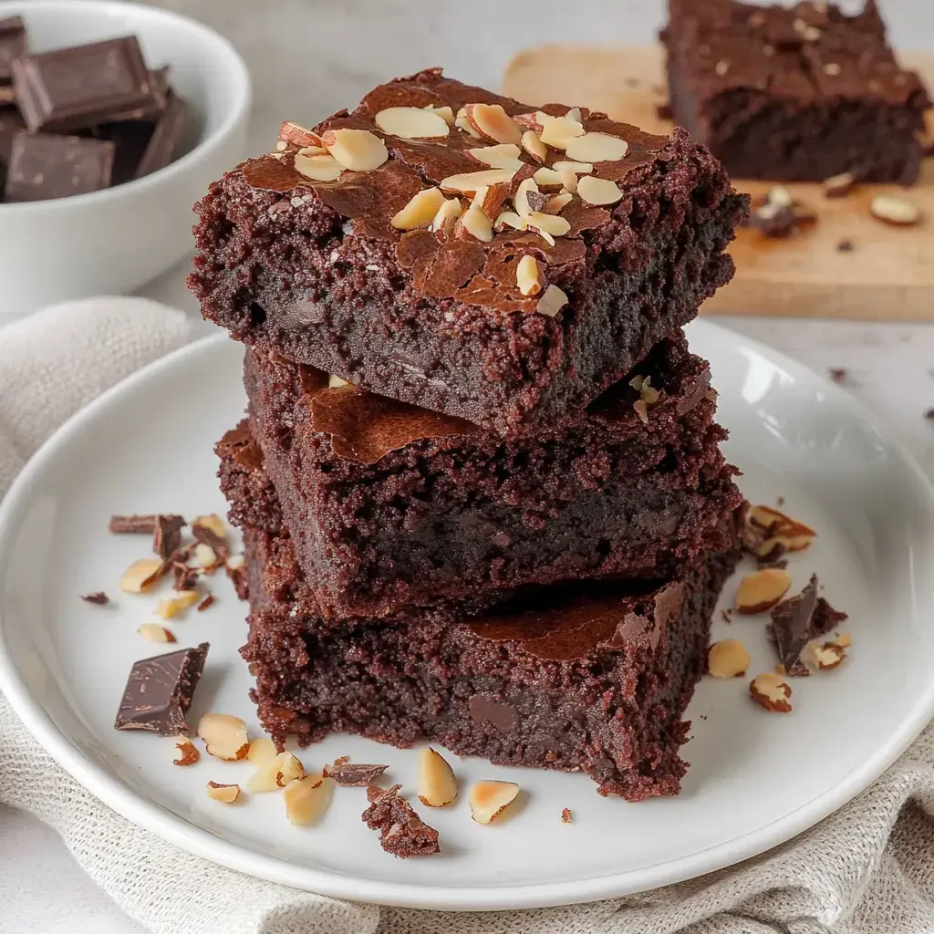 Trois généreux brownies au chocolat, décorés d'amandes effilées, servis sur une assiette blanche.