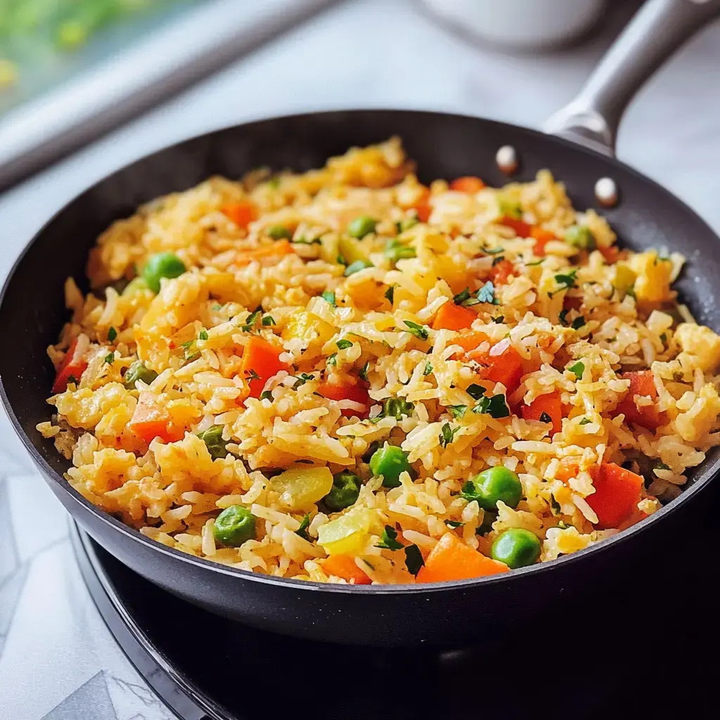 Un plat coloré avec riz, pois, poivrons et herbes dans une poêle noire.