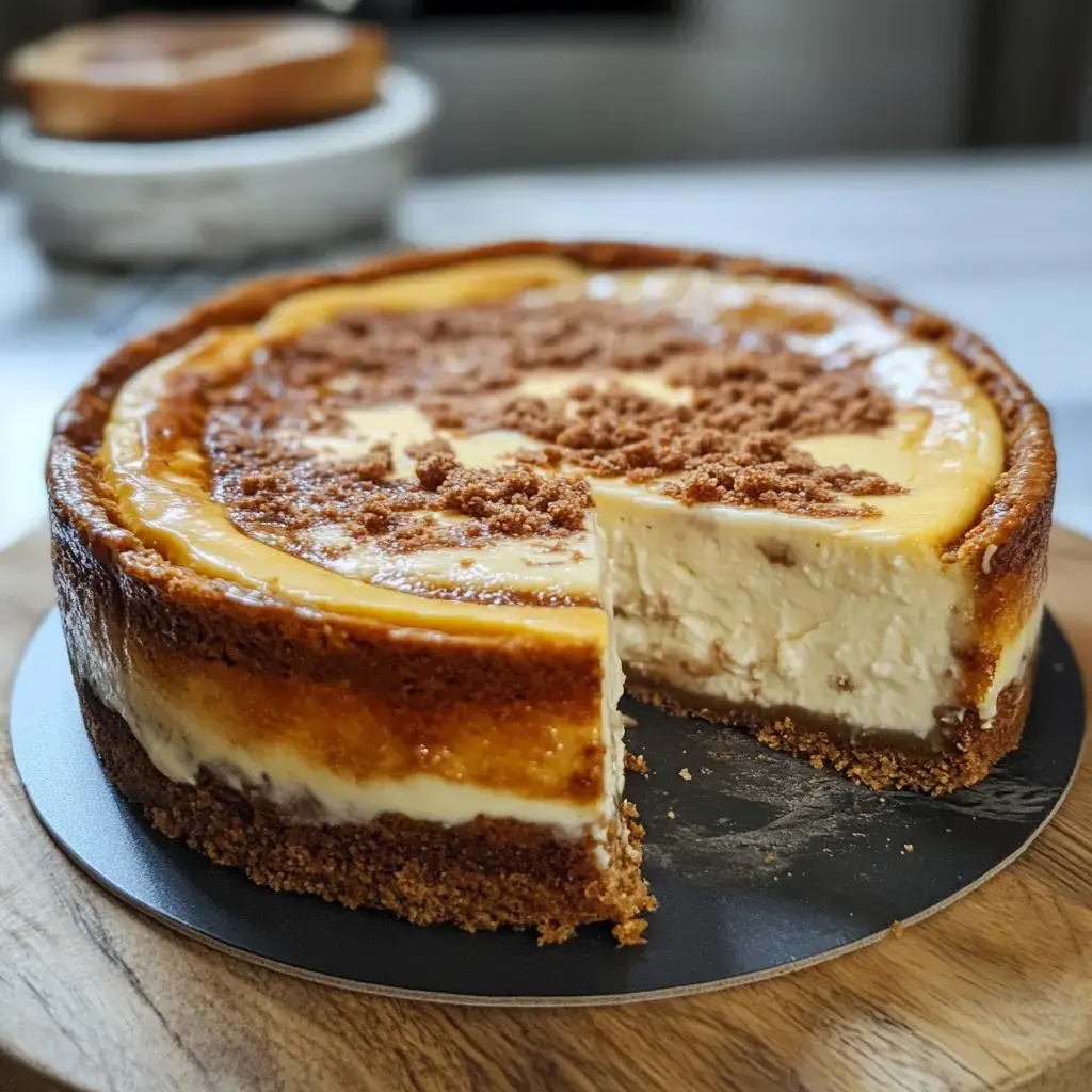 Un délicieux gâteau au fromage avec base biscuitée et une part déjà coupée posé sur une surface en bois.