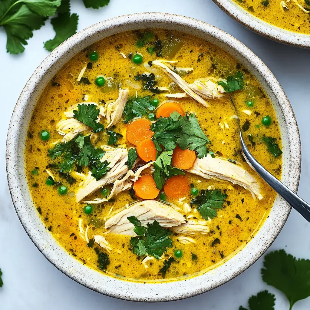 Un bol de soupe au poulet garnie de carottes, petits pois et coriandre fraîche.