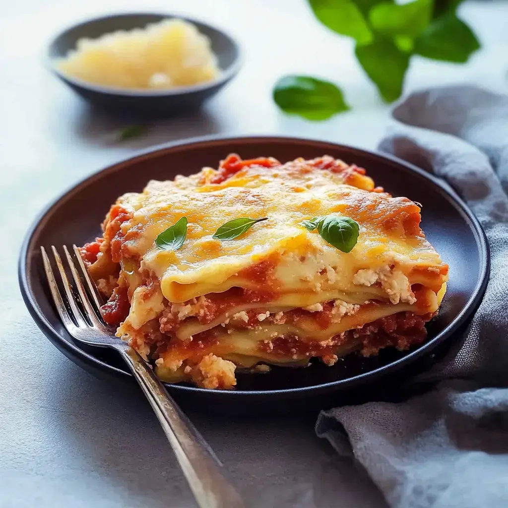 Une portion de lasagne, décorée de feuilles de basilic frais, posée sur une assiette noire à côté d'un bol de fromage râpé.