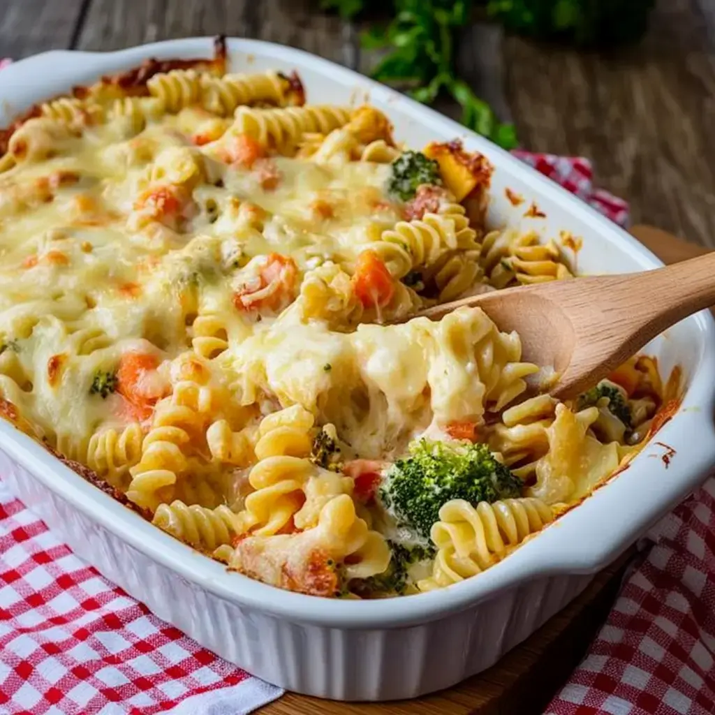 Un gratin avec des pâtes spirales, du brocoli et du fromage fondu dans un plat blanc.