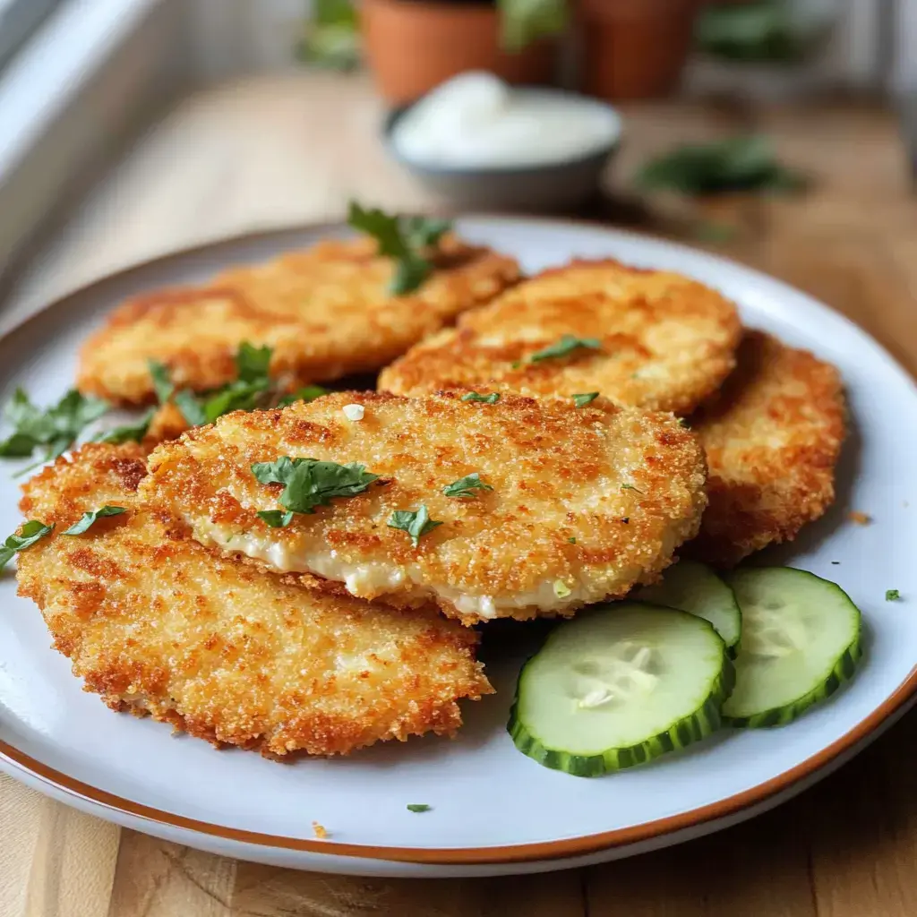 Une assiette avec des tranches dorées et croustillantes de kohlrabi, décorées avec de la coriandre fraîche et accompagnées de rondelles de concombre.