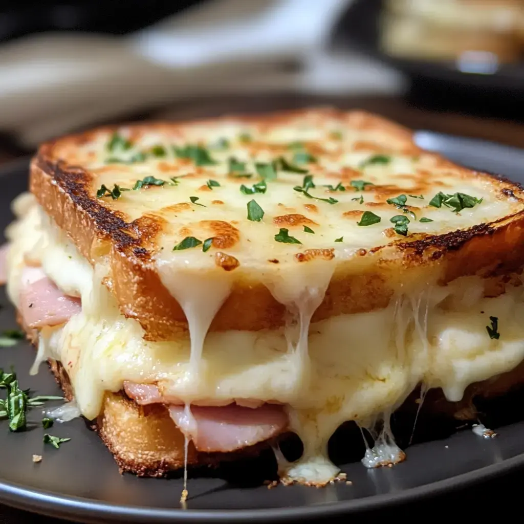 Un sandwich garni de fromage fondant et de jambon, décoré de persil frais.