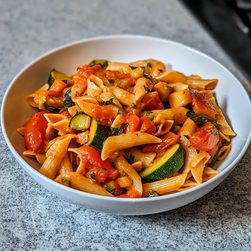 Une assiette de pâtes avec sauce tomate, courgettes et carottes.