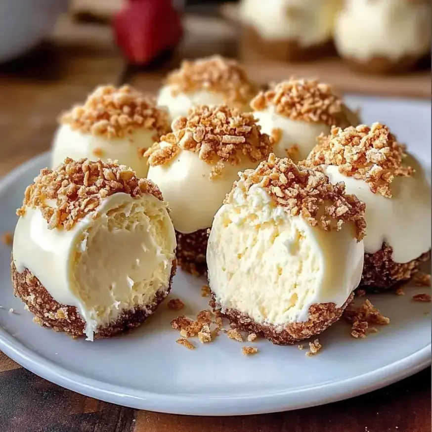 Une assiette avec plusieurs desserts ronds délicieux, recouverts d'une couche crémeuse et de miettes de biscuits, avec l'un des desserts coupé en deux.
