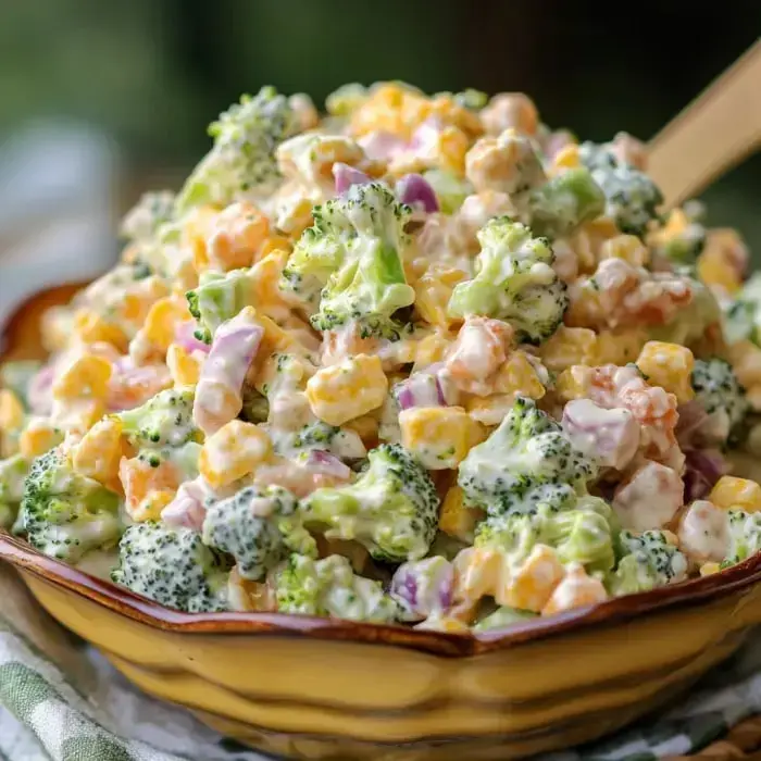 Une salade colorée de brocoli et maïs dans un bol, nappée d'une sauce crémeuse.