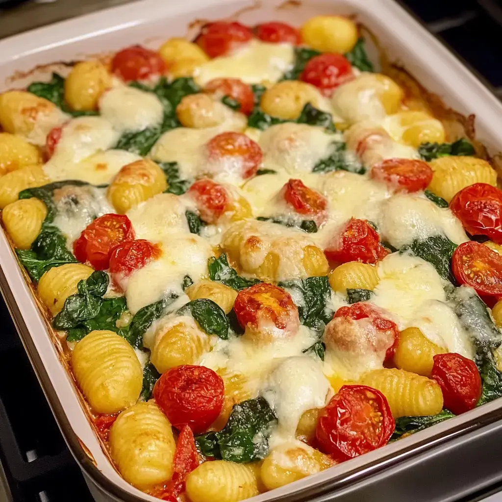 Un gratin de gnocchi avec épinards et tomates cerises, recouvert de fromage fondu.