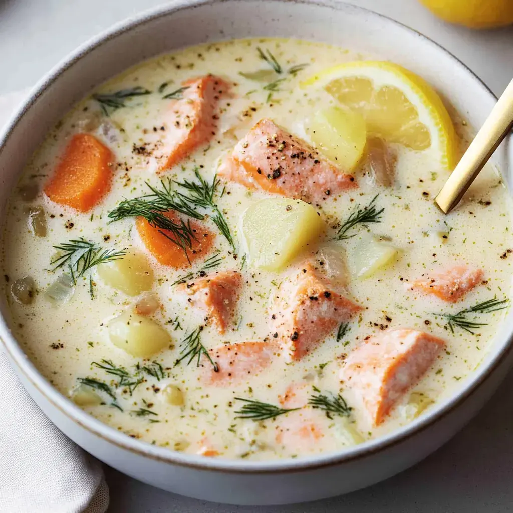 Un bol de soupe crémeuse au saumon et légumes, garnie d'aneth et d'un quartier de citron.