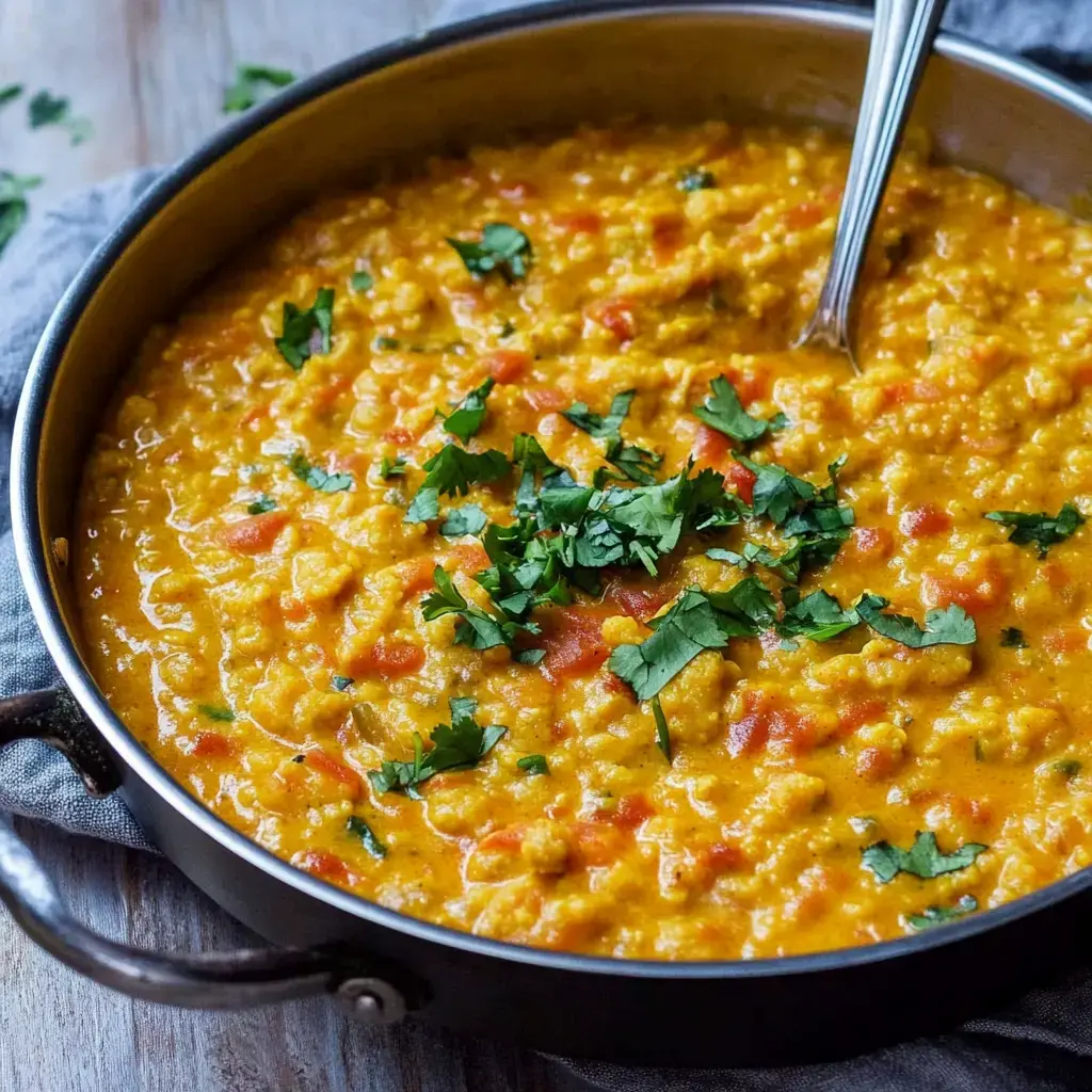 Un plat savoureux de lentilles jaunes, agrémenté de tomates et de coriandre fraîche.