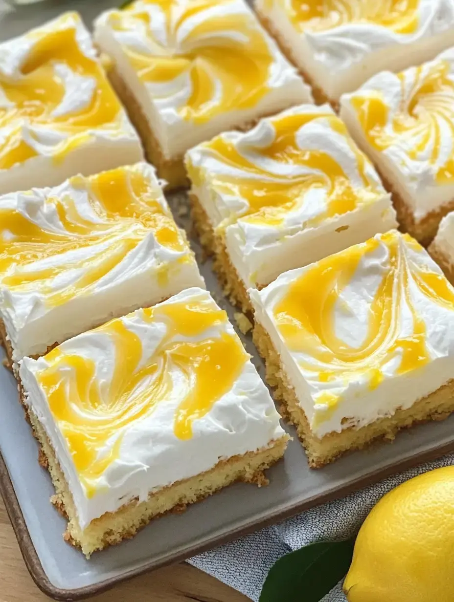 Un plat avec des tranches de gâteau au citron, décorées d'une couche crémeuse et d'une sauce jaune au citron.