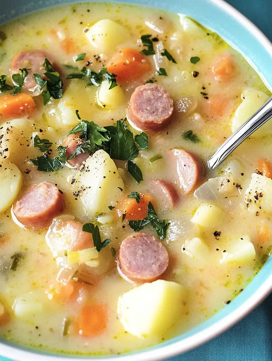 Un bol de soupe crémeuse aux pommes de terre garnie de morceaux de saucisse, carottes et persil frais.