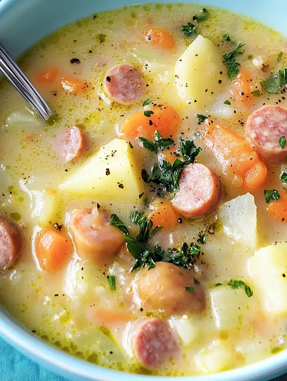 Un bol de soupe crémeuse rempli de carottes, pommes de terre et saucisses, garni de persil frais.