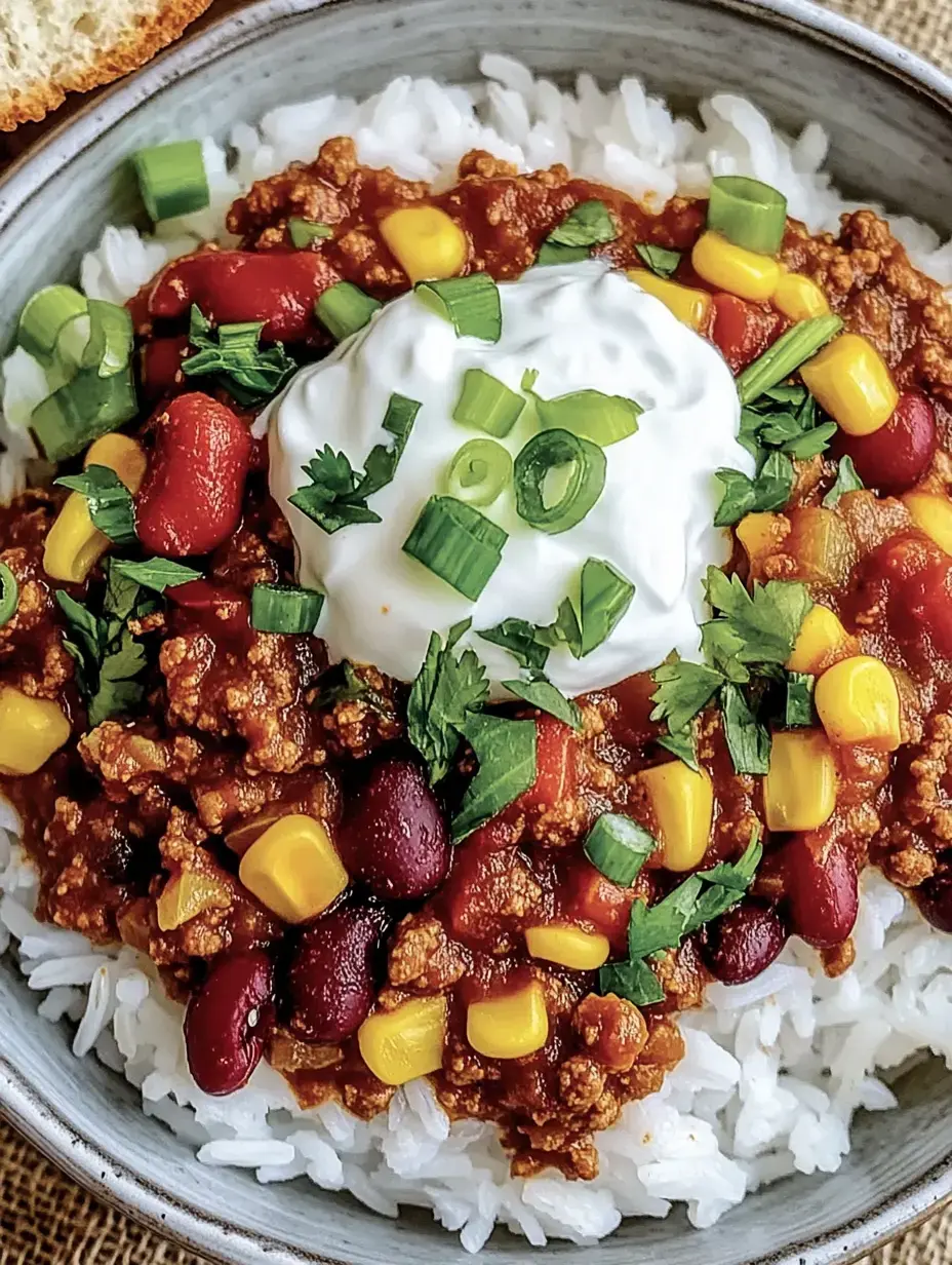 Un bol de riz garni d'un mélange épicé de chili avec viande hachée, haricots, maïs et herbes fraîches, avec une touche de crème fraîche.