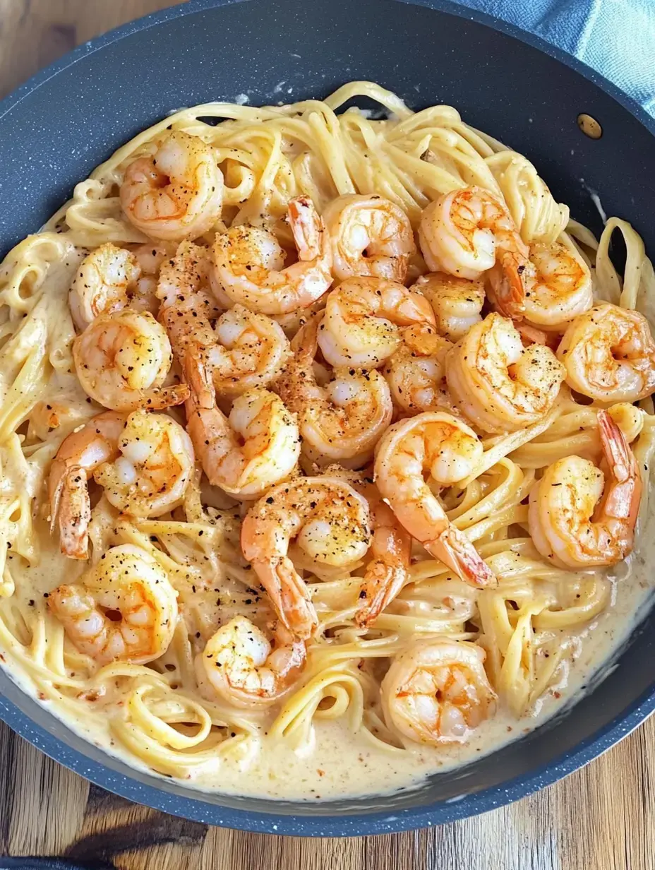 Une assiette de linguine dans une sauce crémeuse, garnie de crevettes poêlées et assaisonnée de poivre.
