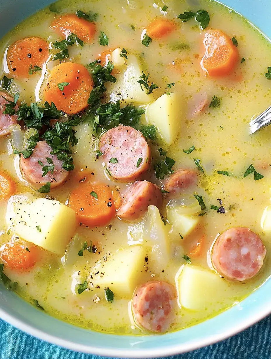 Un bol de potée copieuse contenant carottes, pommes de terre et tranches de saucisse, garni de persil frais.