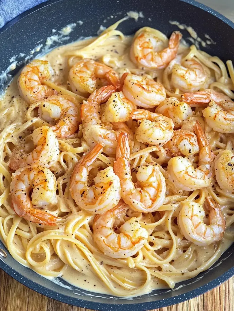 Une assiette de spaghetti aux crevettes dans une sauce crémeuse, parsemée de poivre noir.