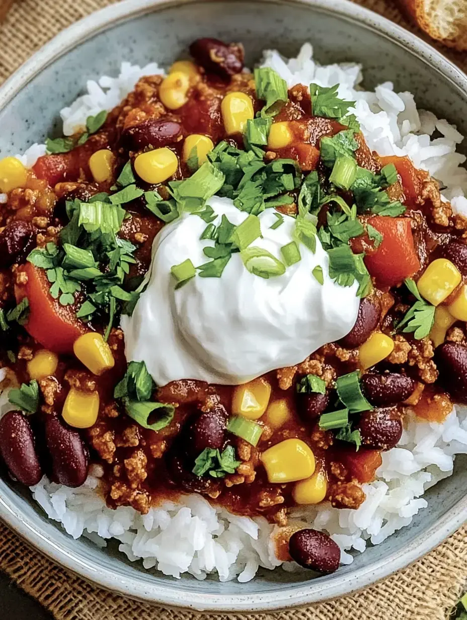 Un bol de riz garni de chili, maïs, haricots rouges, tomates en dés, coriandre fraîche et une touche de crème fraîche.