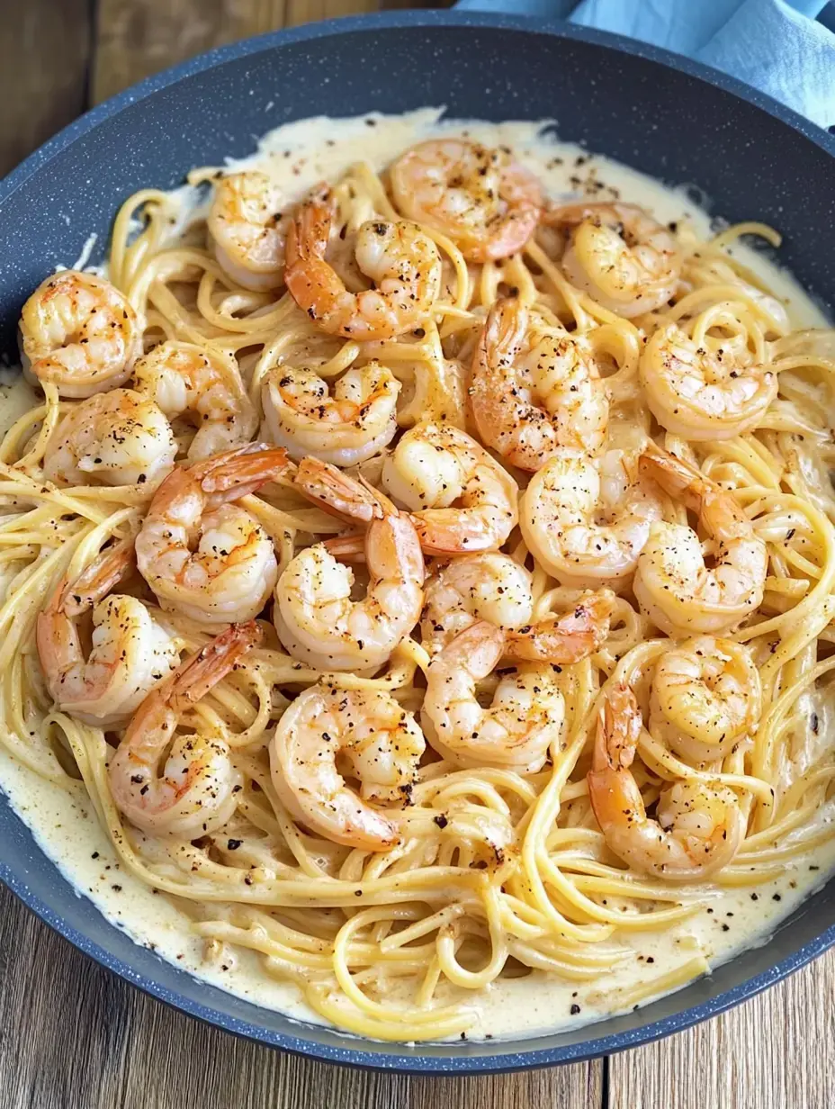 Une poêle de spaghetti dans une sauce crémeuse, garnie de crevettes poêlées et de poivre.