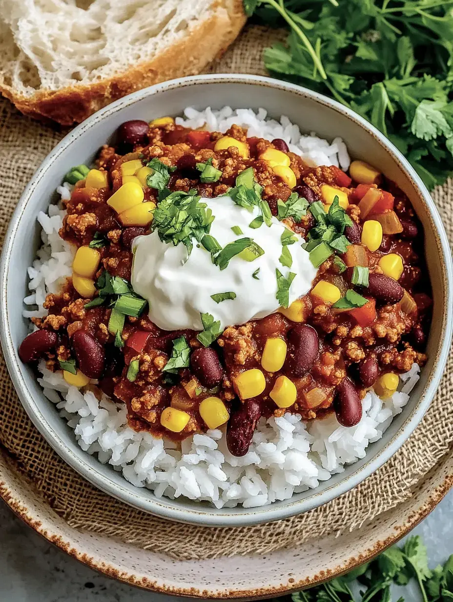 Un bol de riz surmonté de chili avec haricots rouges, maïs, viande hachée et une touche de crème fraîche, garni de coriandre fraîche, à côté d'un morceau de pain.