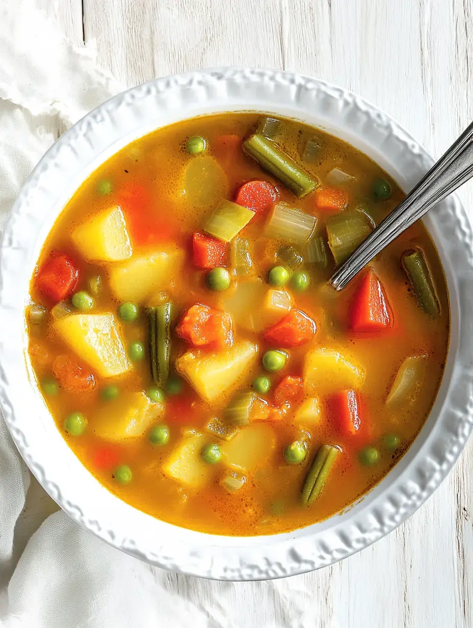Une soupe rustique de légumes dans un bol blanc, remplie de pommes de terre, carottes, petits pois et haricots verts dans un bouillon doré.