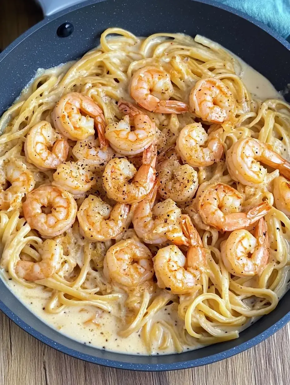 Une casserole de pâtes avec des crevettes garnies dans une sauce crémeuse.